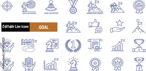 Set of business and goal achievement icons depicting success, strategy, and rewards