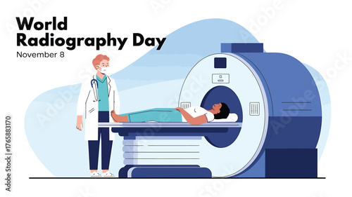 Vector art of world radiography day illustration with a doctor and a patient undergoing a ct scan, celebrating medical imaging and healthcare professionals