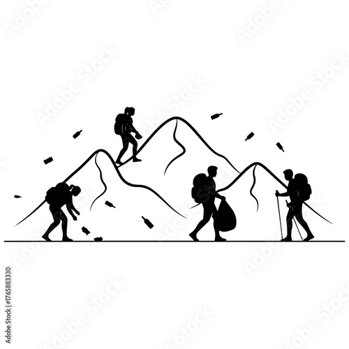 Vector art of silhouette illustration of hikers with backpacks ascending and descending a mountain range, symbolizing adventure and exploration