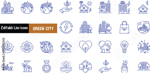 Editable vector line icons illustrating sustainable urban development, eco-friendly smart city concepts, and renewable energy solutions for a greener future