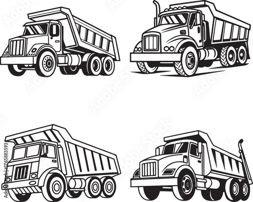 A vector illustration of a set of heavy trucks including a dump truck and a delivery van for cargo transportation