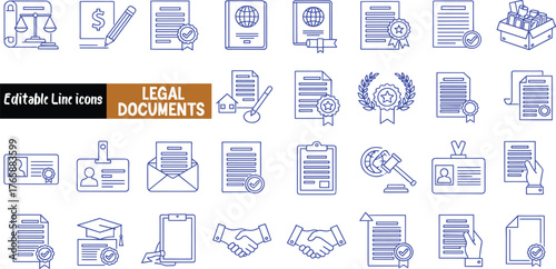 Comprehensive set of thin line icons representing legal agreements, official paperwork, and jurisprudence symbols