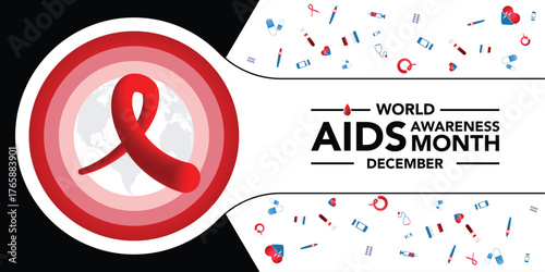 Aids awareness month is observed every year in December, This day brings attention to the growing number of people living long and full lives with HIV and to their health and social needs. Vector art