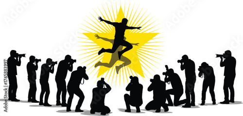 Celebrity jumping over golden star surrounded by paparazzi photographers, flat vector illustration ideal for fame, media, entertainment or celebrity culture concepts.