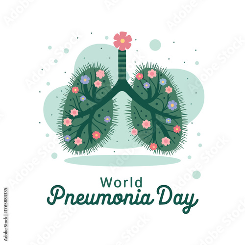Vector art of world pneumonia day illustration featuring lungs adorned with flowers and leaves, symbolizing health and recovery