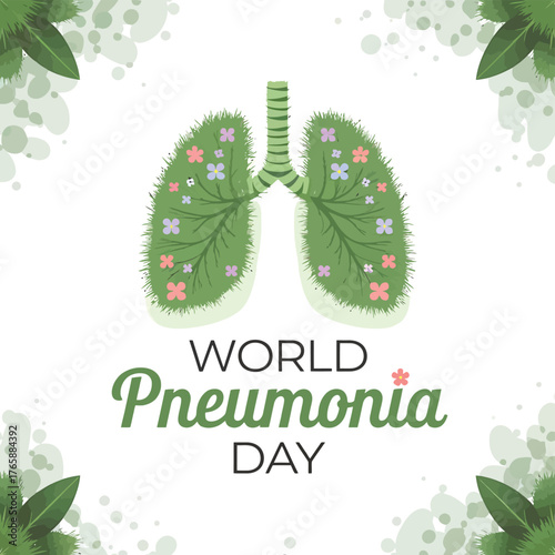Vector art of world pneumonia day illustration with lungs made of green leaves and flowers