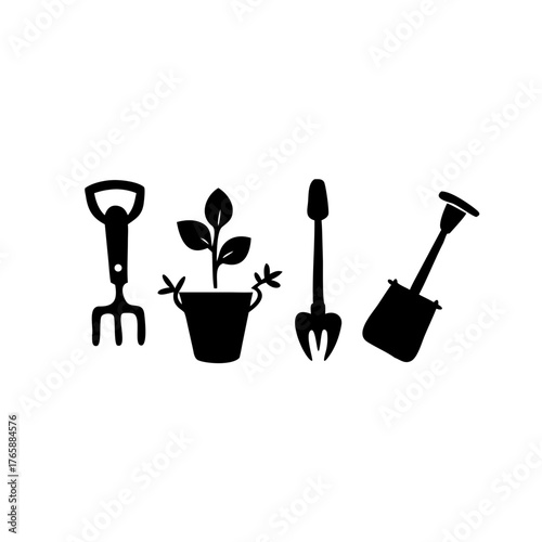 Silhouette illustration of gardening tools including a rake, shovel, and potted plant in black color 100c