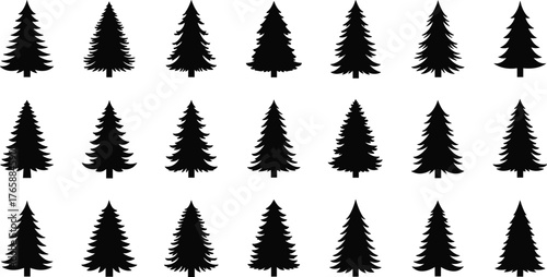 Evergreen tree silhouette set, conifer vector icons, black trees, botanical clipart, foliage variations, forest graphic, nature illustration pack