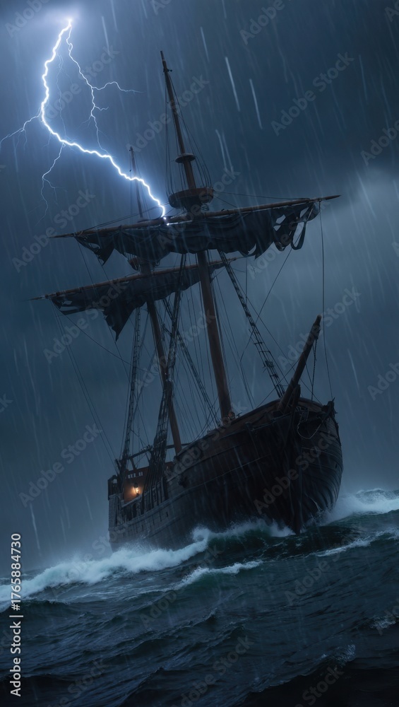 Obraz premium Ship battling stormy sea with lightning, dramatic ocean scene, maritime adventure, intense weather, stormy night, sailing vessel, powerful waves, nautical exploration, turbulent sea