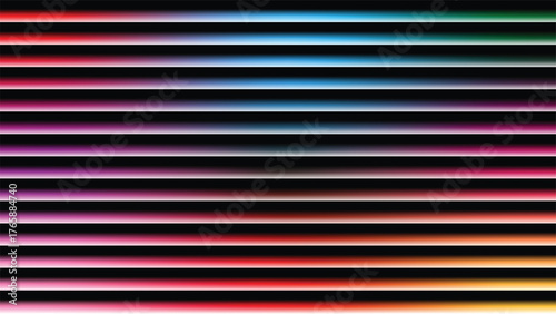 Abstract blue and red striped pattern on a dark, textured metallic wall, resembling industrial steel blinds with horizontal lines. Neon stripes background. 