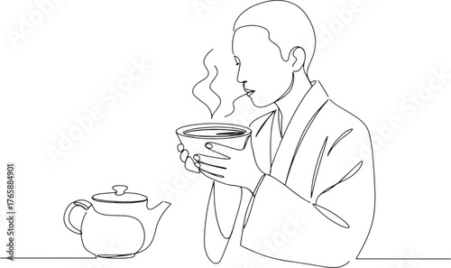 Minimalist illustration of traditional matcha tea ceremony momen