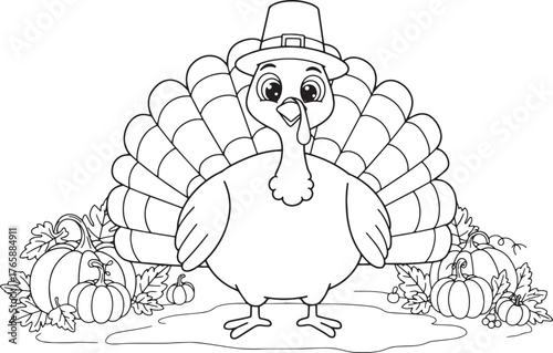 Festive Thanksgiving Turkey with Pilgrim Hat and Pumpkins for Co