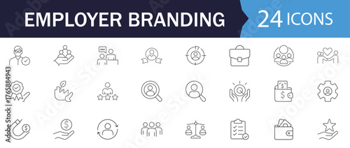 Employer branding line icon collection. Featuring modern thin vector symbols of business reputation, employee value, recruitment, value proportion, retention and engagement. Clean outline style.