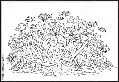 Detailed Coloring Page of Staghorn Coral and Fish in an Aquatic