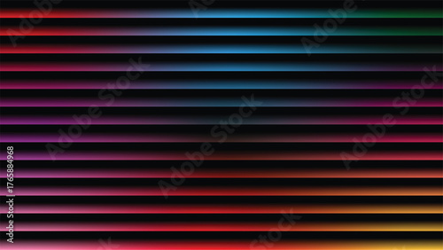 Abstract purple and colorful lines create a textured metallic background with a striped pattern reminiscent of horizontal iron blinds or corrugated steel. Neon horizontal stripes design background.