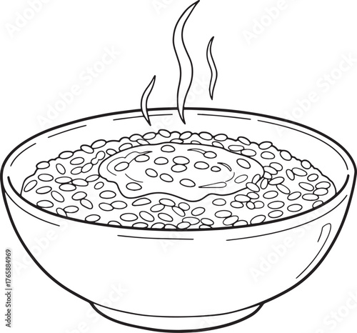 Simple black and white line drawing of a steaming bowl of risott
