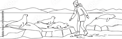 Monochrome Illustration: A Woman Encounters Seals on an Arctic S