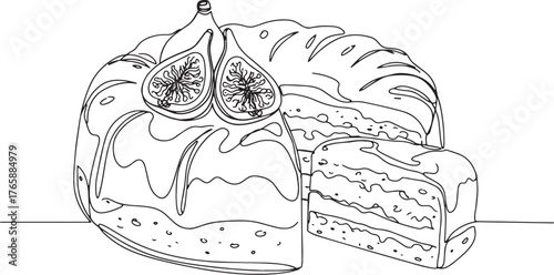Elegant fig and honey cake continuous line illustration, minimal