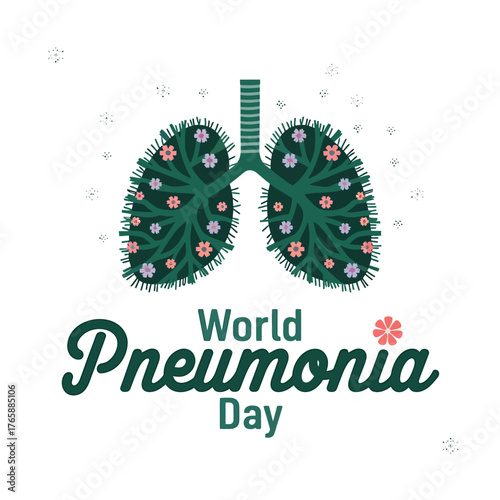 Vector art of world pneumonia day illustration featuring floral lungs and text
