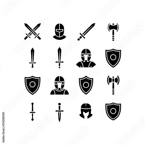 Black medieval knight helmets swords shields and axes icons on white vector