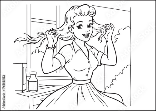 Charming 1950s pin-up girl applying hairspray with a smile in mo