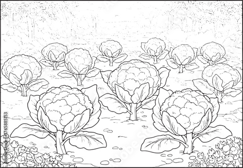 Detailed outline illustration of a cauliflower vegetable field c
