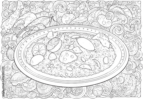 Intricate Algerian Couscous coloring page design with lemon and