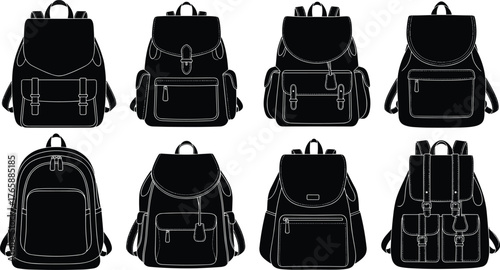 Backpack silhouettes, flap closures, buckle straps, satchel style, zipper compartments, black icons, travel gear, fashion accessory, utility layout