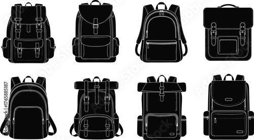 Backpack silhouettes, flap closures, buckle straps, satchel style, zipper pockets, black icons, travel gear, fashion accessory, utility layout