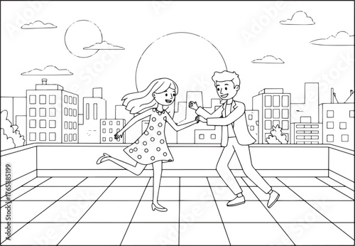 Whimsical rooftop dance: A playful couple revels amidst urban sc