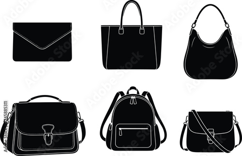 Bag silhouettes, clutch, tote, hobo, satchel, backpack, crossbody style, fashion accessories, black icons, strap design, retail catalog