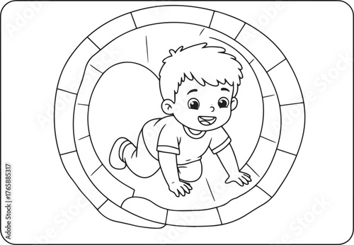 Cartoon illustration of a happy little boy crawling inside a ham