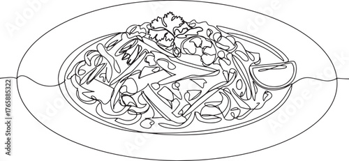 Elegant Thai Pad See Ew Single Line Art Illustration on Plate fo
