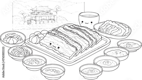 Whimsical Korean Samgyeopsal Illustration with Traditional House
