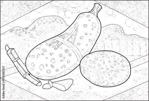 Ornate hand-drawn still life coloring page featuring squash and