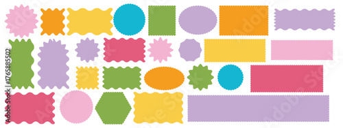 Set of colorful arch, rectangle and square, oval and circle shapes with scalloped edges. Cute basic geometric forms with curvy borders. Empty text boxes, tags or labels. Vector flat illustration.