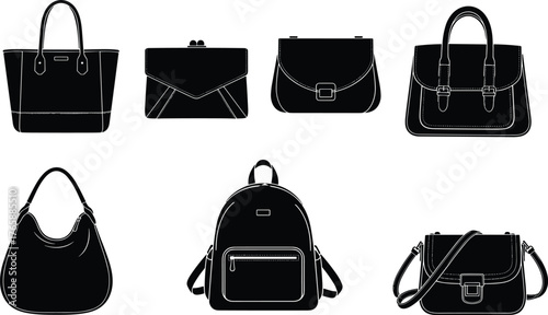 Bag silhouettes, tote, clutch, shoulder bag, satchel, hobo, backpack, crossbody style, fashion accessories, black icons, retail design