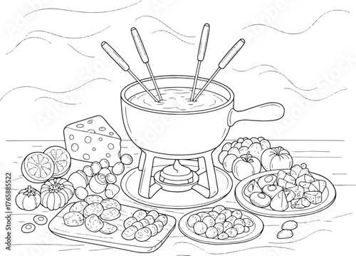 Whimsical Fondue Feast: An Elegant Line Art Illustration of Culi