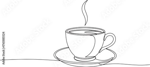 Continuous line drawing of a cup of tea with steam on a saucer i