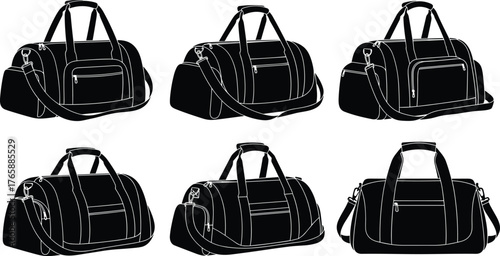 Duffel bag silhouettes, travel gear, gym bags, shoulder straps, zippered compartments, black icons, utility shapes, luggage design, top handles