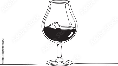Elegant single line drawing of cognac glass with ice cube on whi