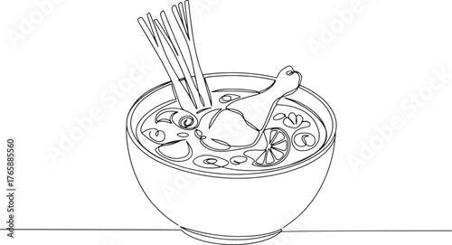 Minimalist line art illustration of delicious and spicy Tom Kha