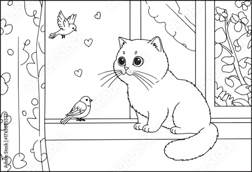 Cute cat watching birds outside the window a coloring page illus