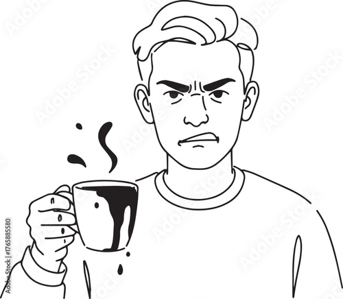 Expressive illustration of a man scowling with a spilling coffee