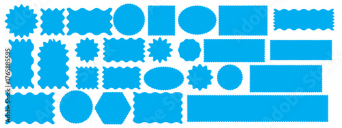 Set of colorful arch, rectangle and square, oval and circle shapes with scalloped edges. Cute basic geometric forms with curvy borders. Empty text boxes, tags or labels. Vector flat illustration.