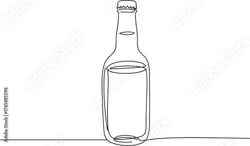 Minimalist one line drawing of a filled glass bottle on plain ba