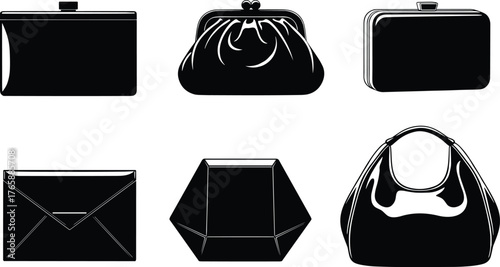 Handbag silhouettes, clutch styles, kiss-lock purse, geometric bag, hobo design, fashion accessories, black icons, vintage shapes, retail catalog