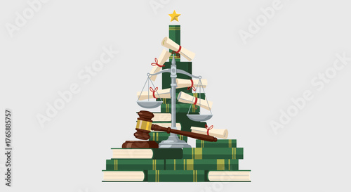 Creative illustration of a legal-themed Christmas tree made from books and gavel for law firms and holiday promotions