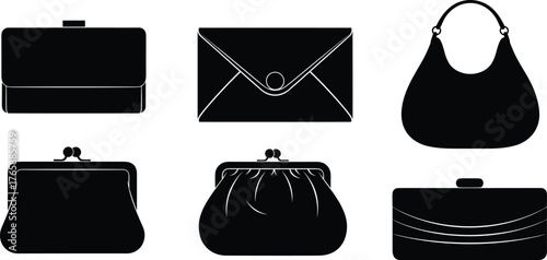 Handbag silhouettes, clutch styles, kiss-lock purse, hobo bag, vintage accessories, black icons, fashion shapes, compact design, retail catalog