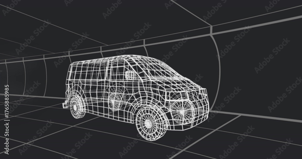 Fototapeta premium Wireframe passenger van traveling through curved tunnel grid, with tiled floor grid